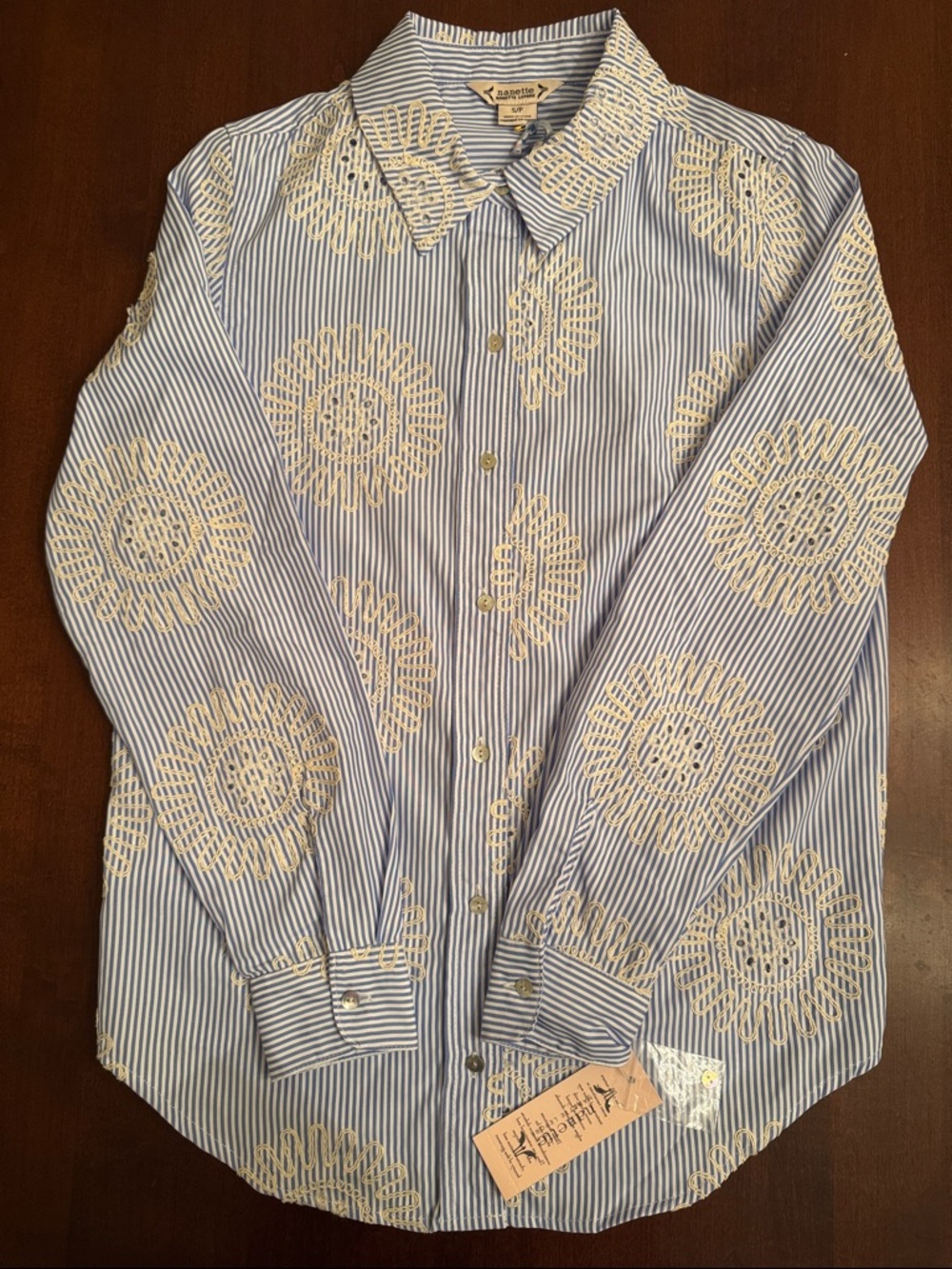 Nanette Lepore  Blue and White Striped Embroidered Button-Up Shirt